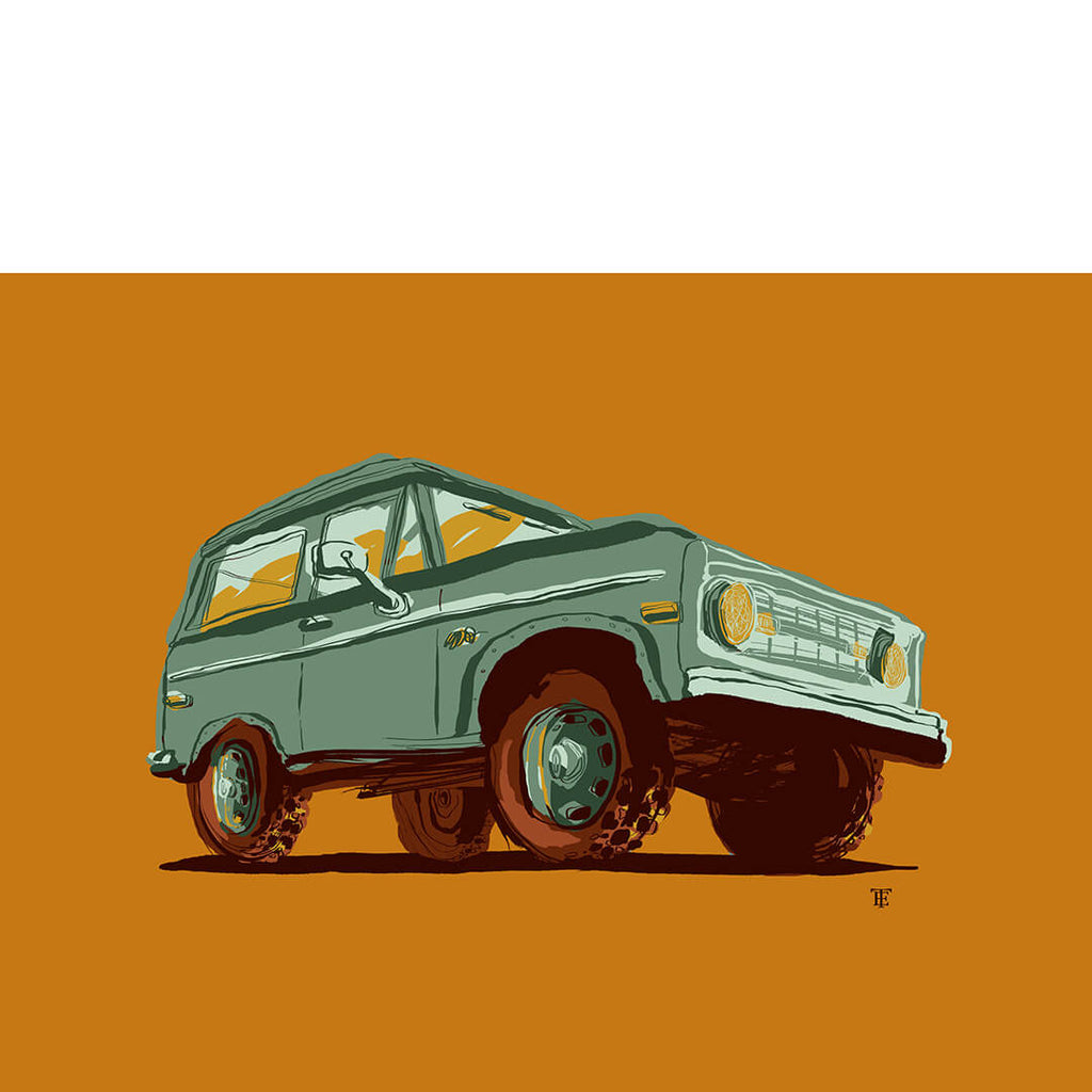 art print of a vintage 4x4 in green and orange
