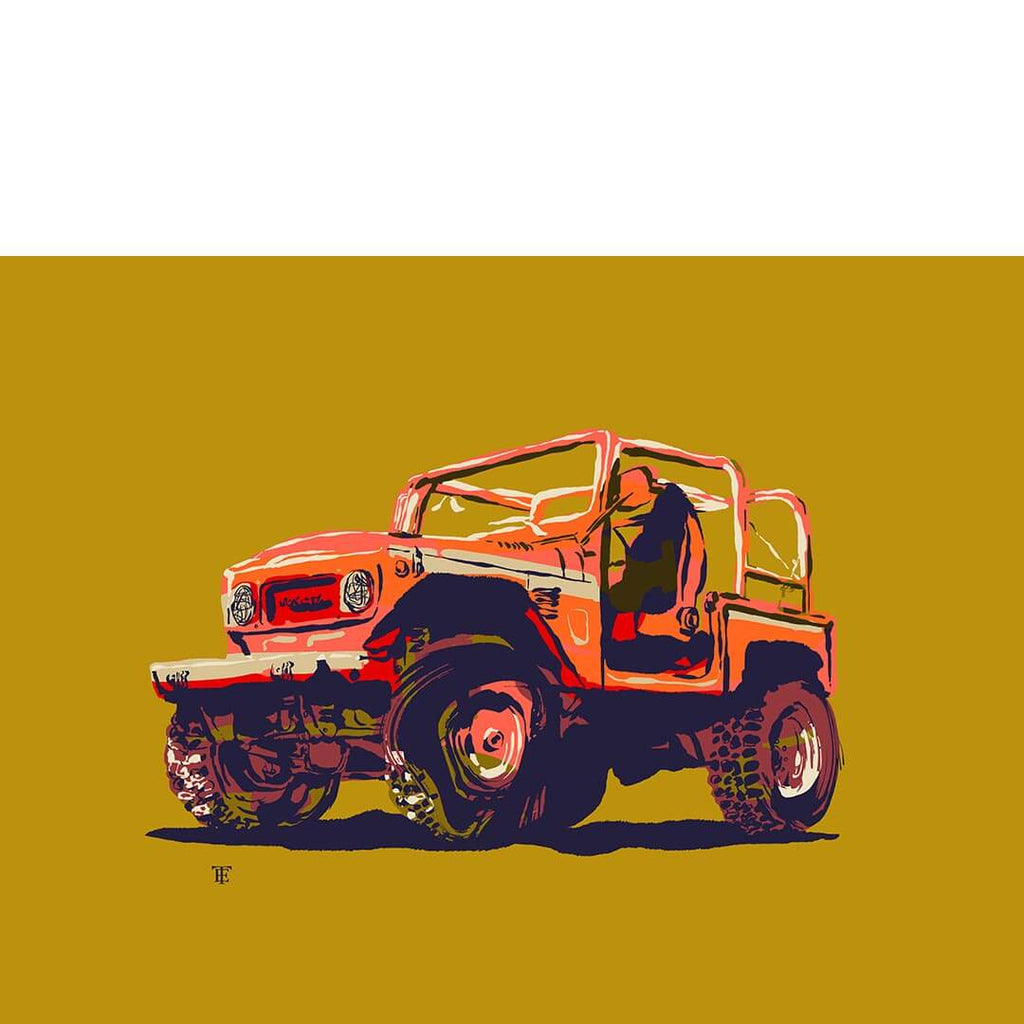 vintage antique SUV 4x4 colorful art print on mustard yellow background