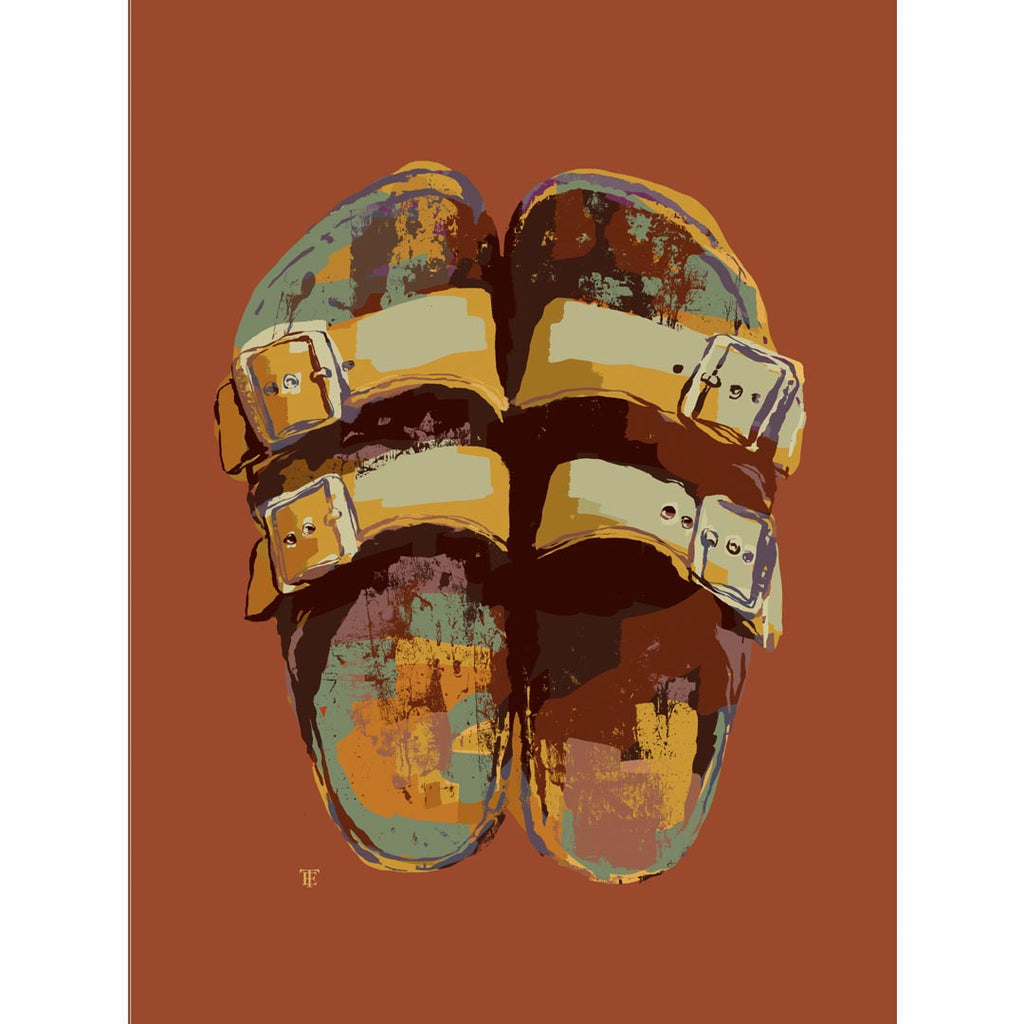 colorful art print of leather sandals