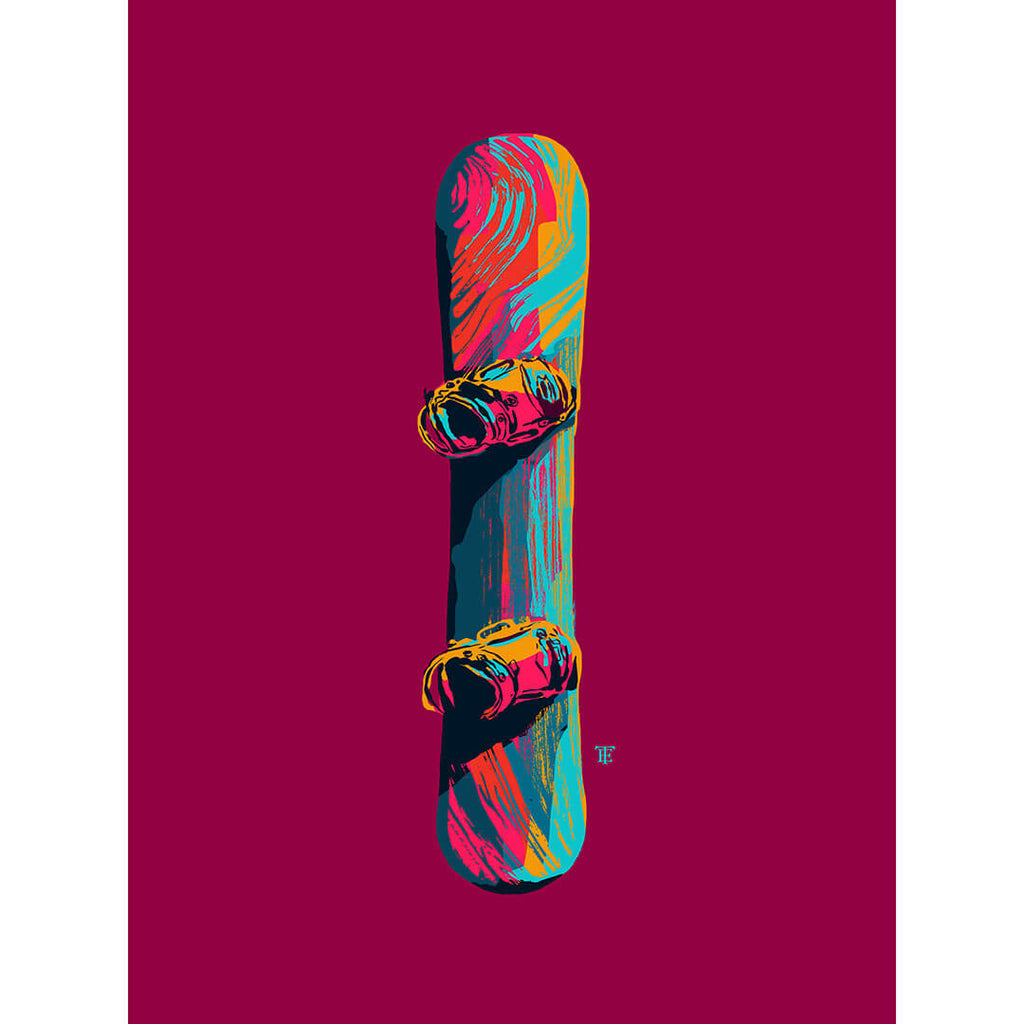 funky, colorful art print of a snowboard