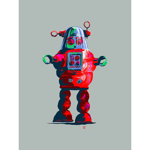 space robot toy art print in gray and red