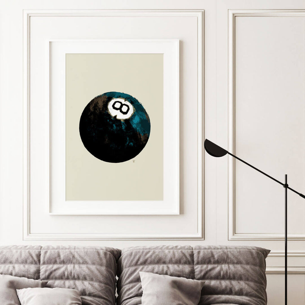 modern 8 ball poster in stylish game room