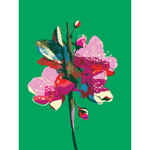 cherry blossom wall art in bright green and pink