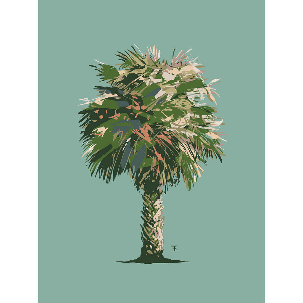modern coastal palmetto art print in aqua, greens, and pinks