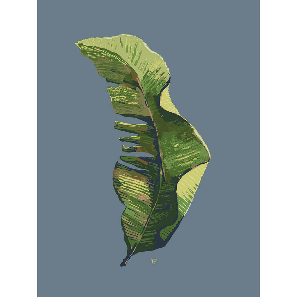 modern coastal banana leaf art print in blue and green
