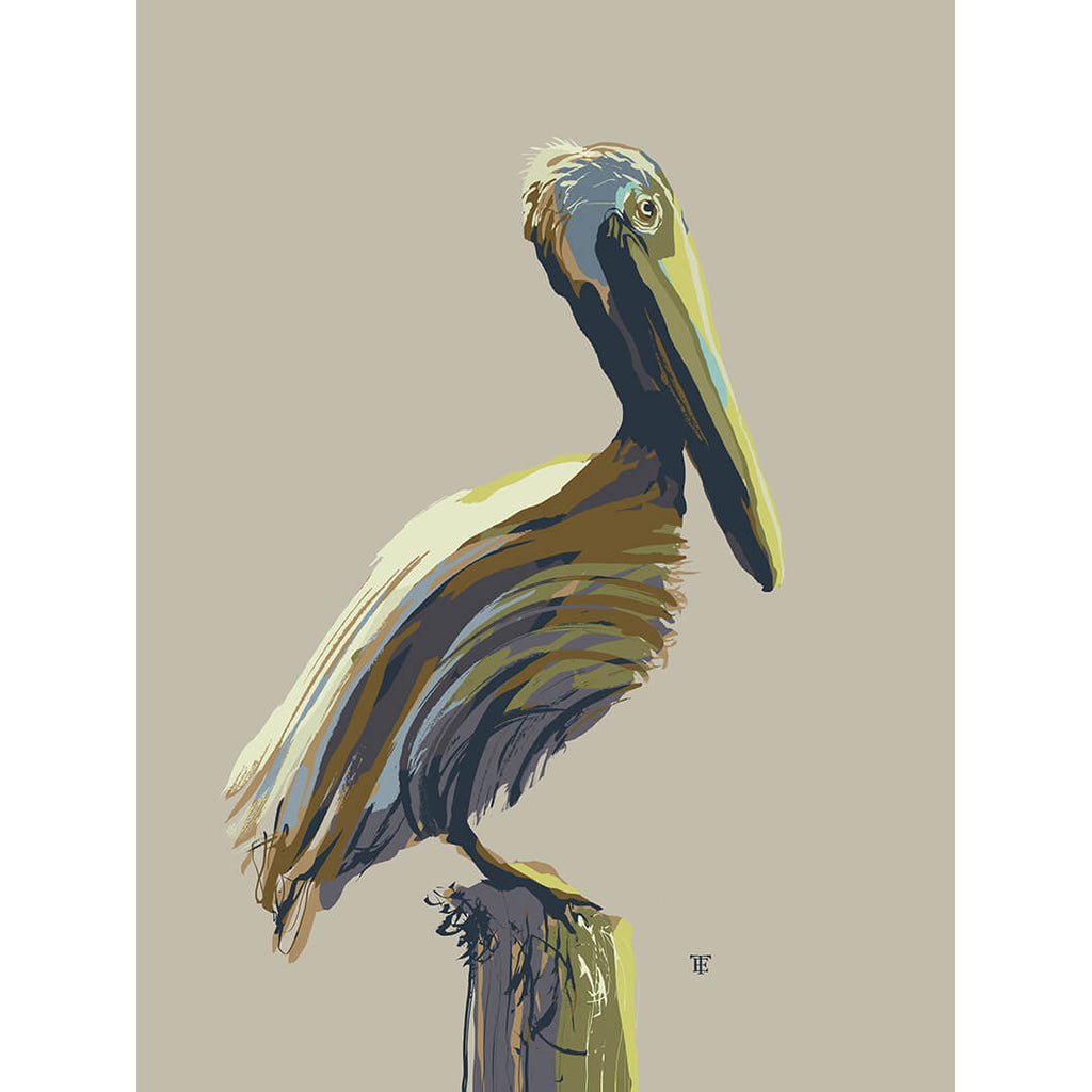 modern coastal pelican art print in beige and navy blue