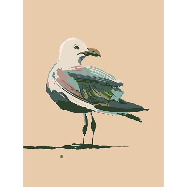 modern coastal seagull art print in blue, teal, and beige