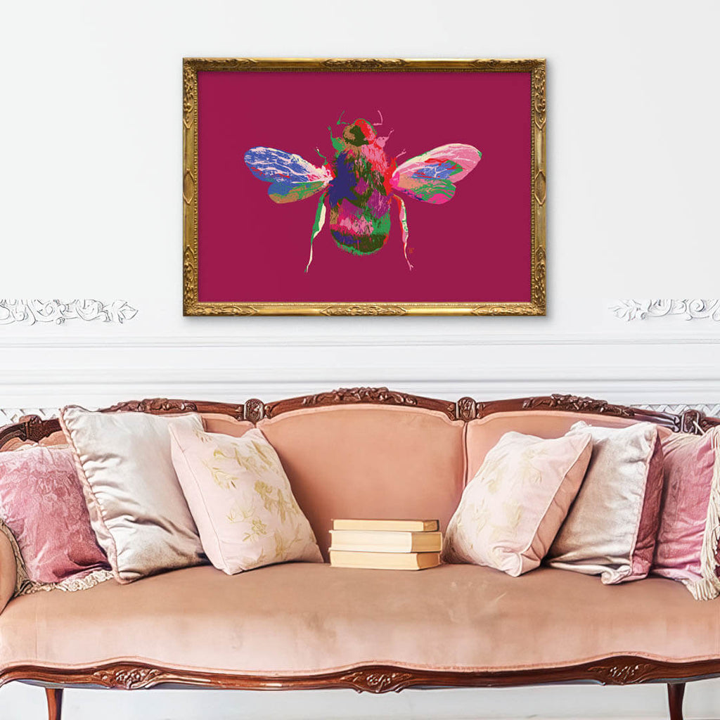 colorful modern bumblebee art print with traditional sofa