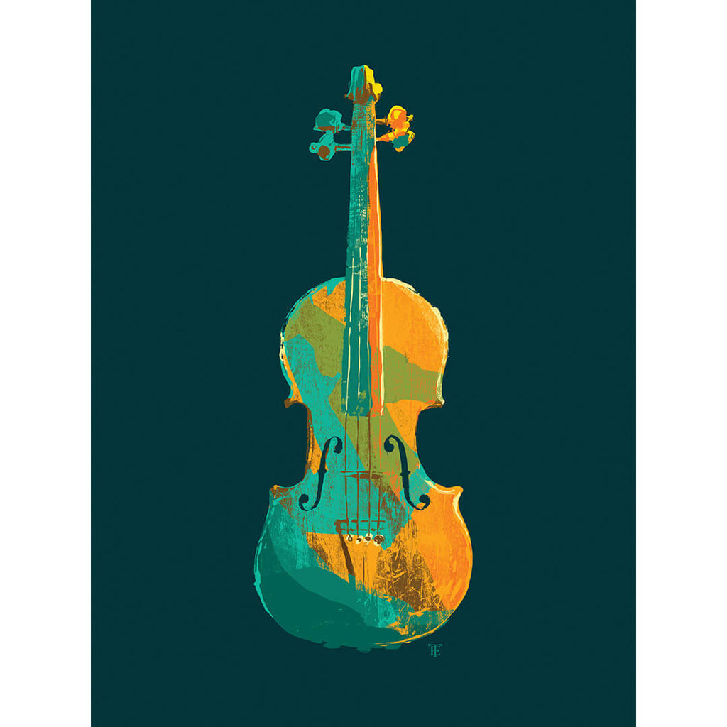 pop art violin painting in teal and orange