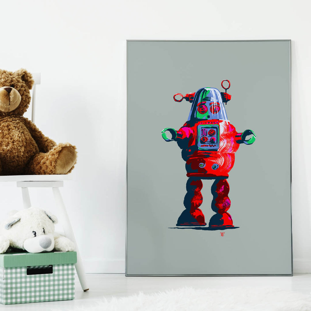 vintage toy robot poster in cool kid's room