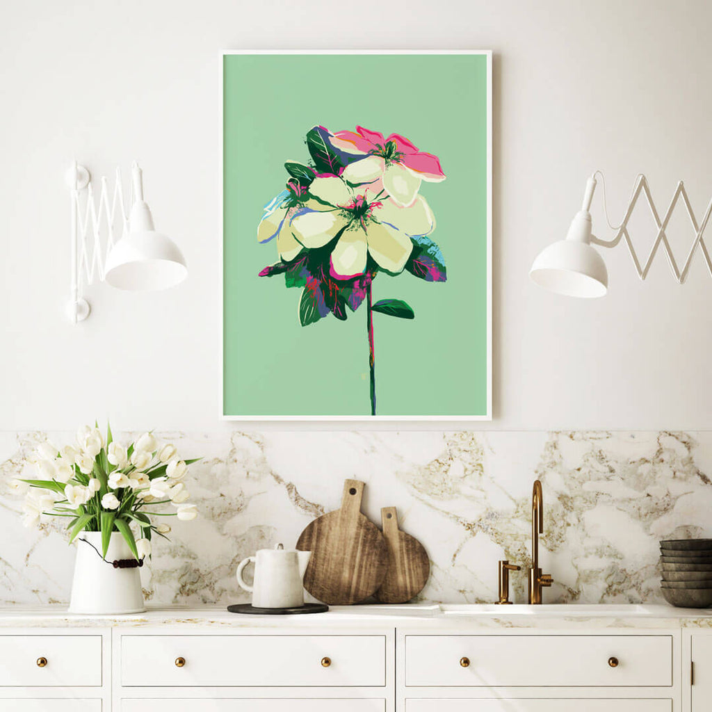 colorful stylish gardenia art print in modern kitchen