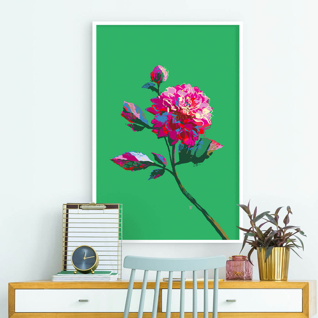modern botanical dahlia painting print in home office