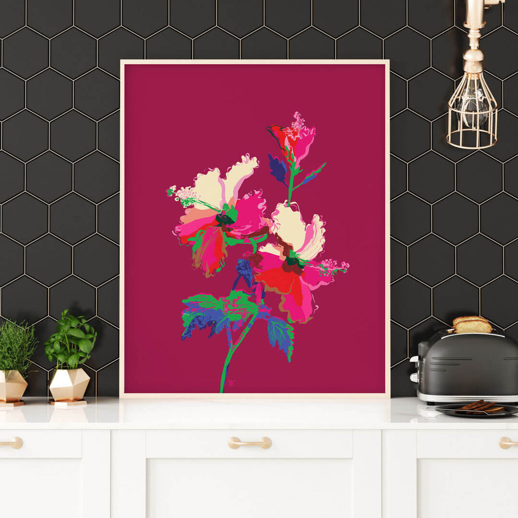 colorful hibiscus art print in stylish kitchen