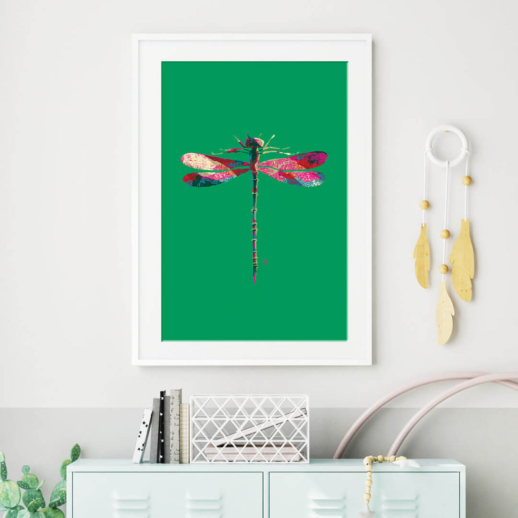 Colorful Pop Art dragonfly art print in big girl's room.