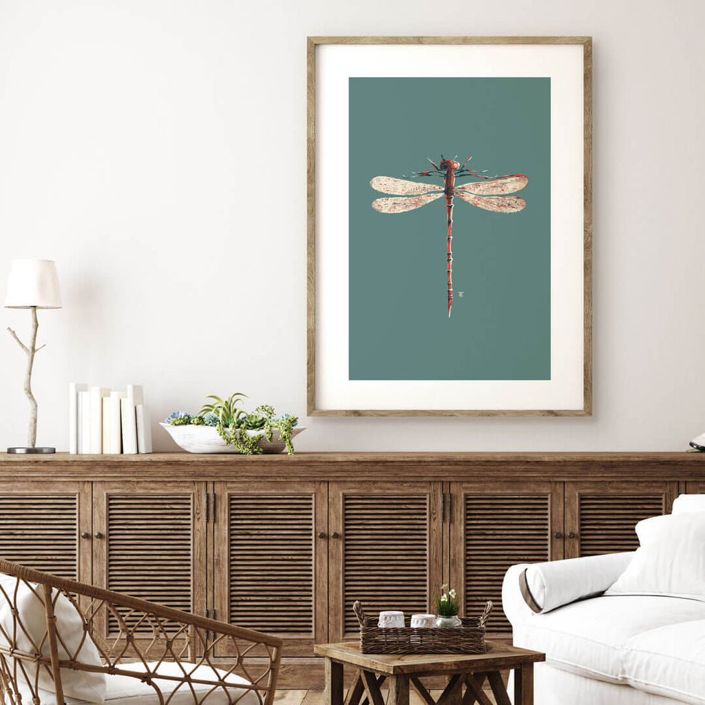 Stylish dragonfly art print in lake house