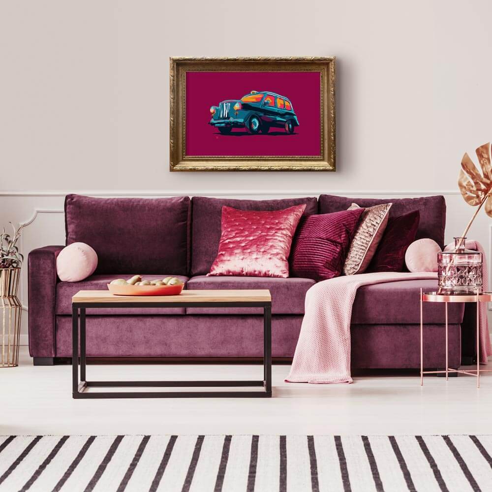 vivid colorful Art print poster of London Taxi cab / Hackney Carriage on hot pink background