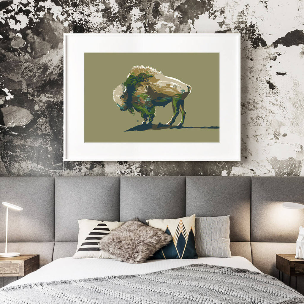 modern buffalo art print in bedroom