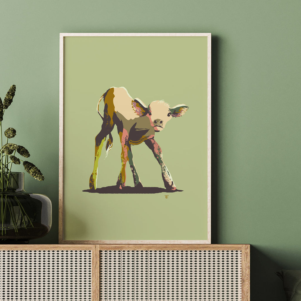 modern baby Cow Calf art print in green, pink, and gray