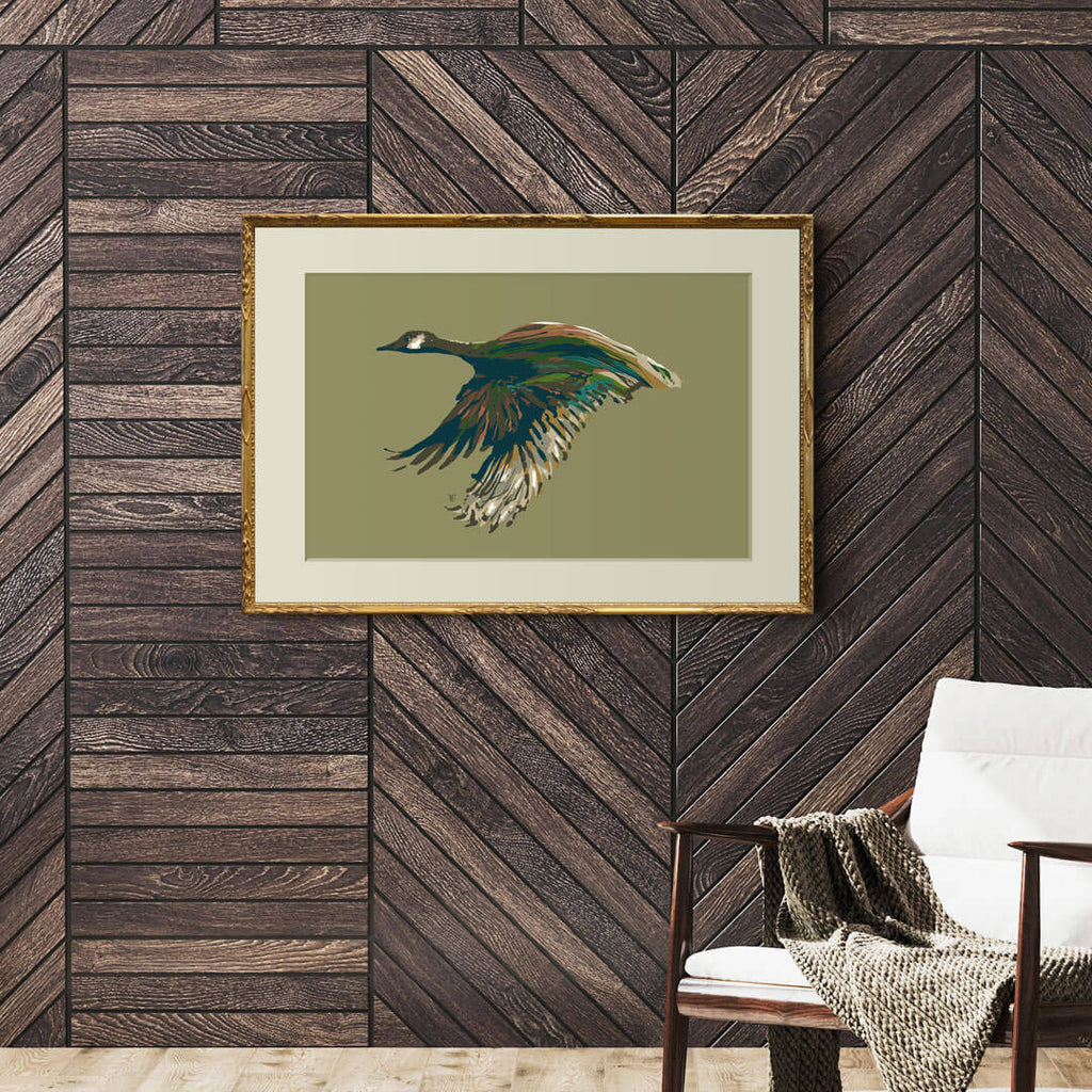 flying canada goose art print in stylish lodge
