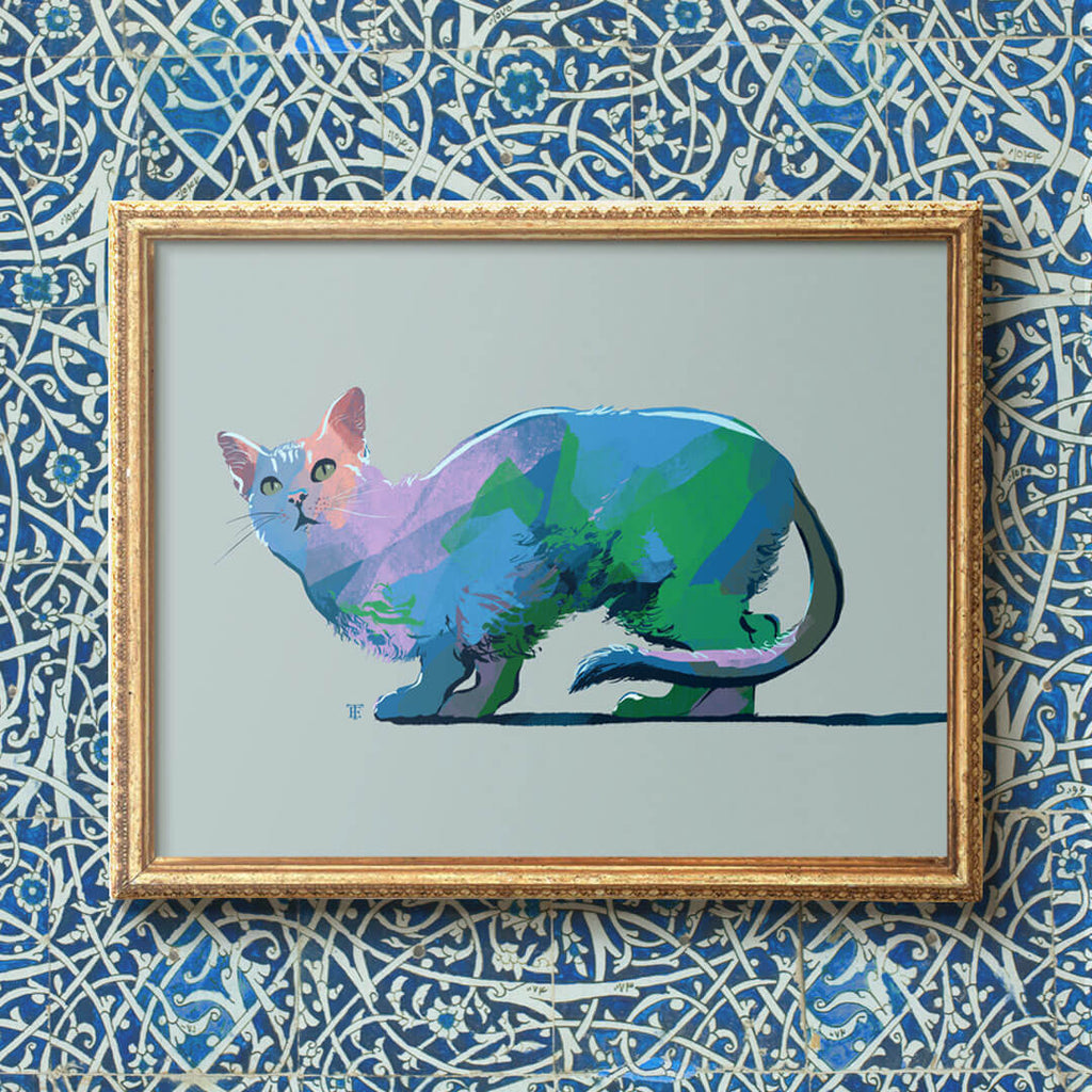 framed modern blue cat art 