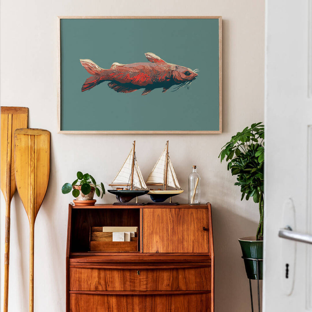 funky catfish art print in lake house decor