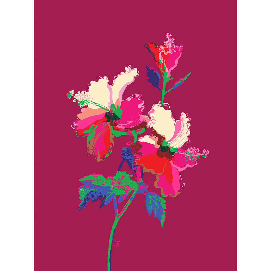 modern tropical hibiscus art print in bold colors