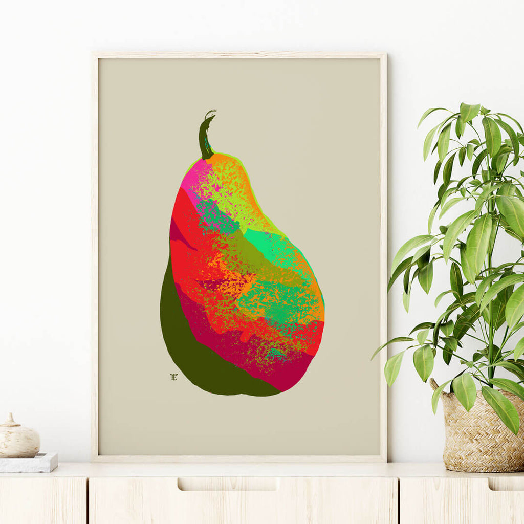 modern colorful pear art print on a shelf