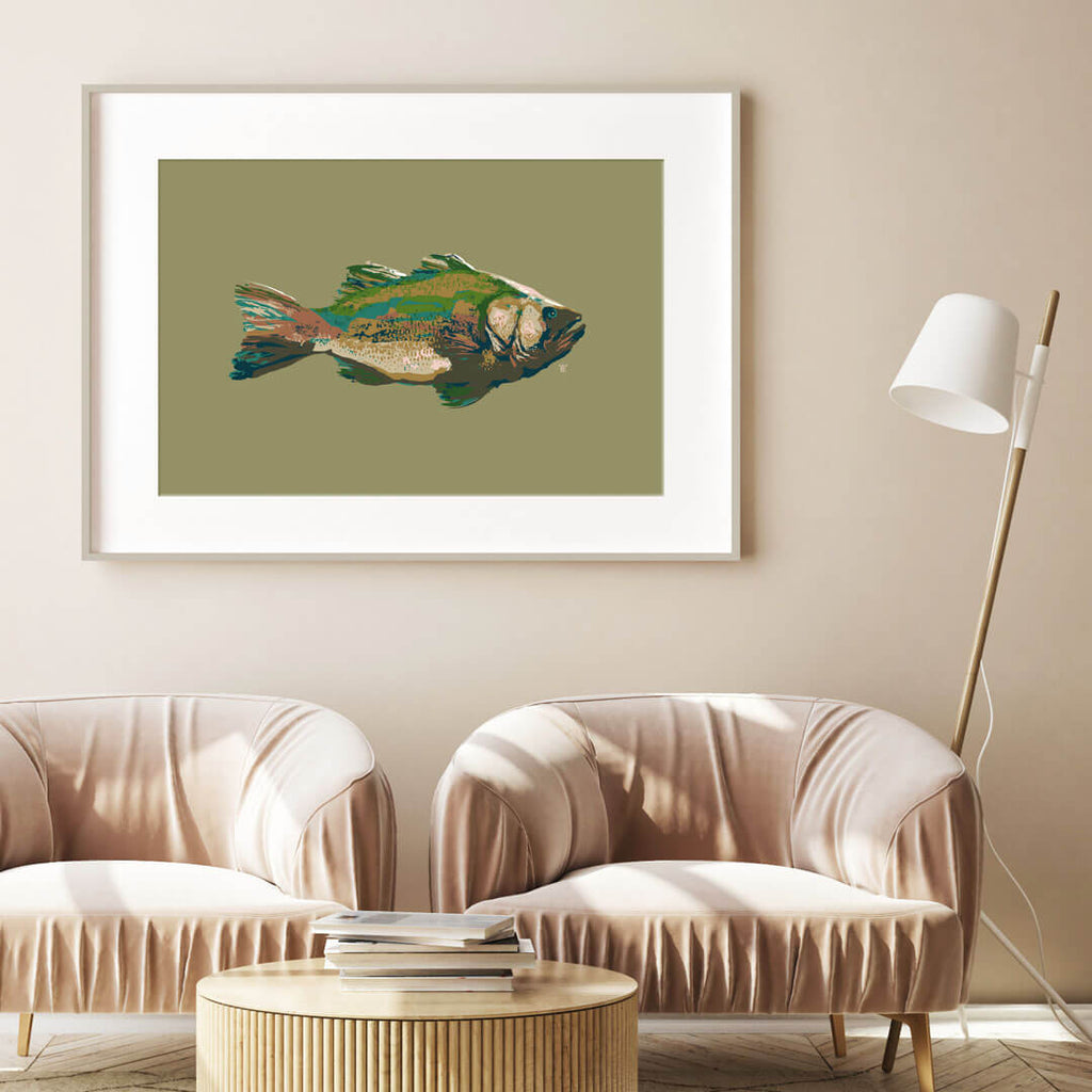 modern bass fishing painting in stylish home decor