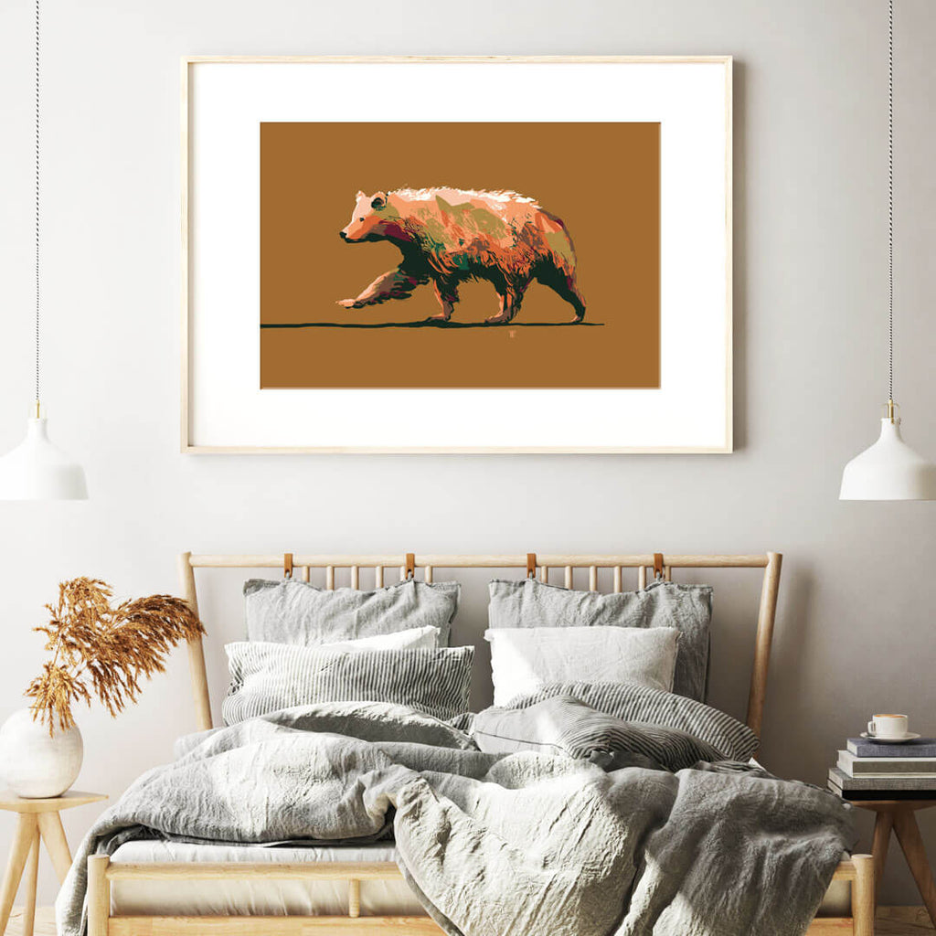 stylish grizzly bear art print in mountain house