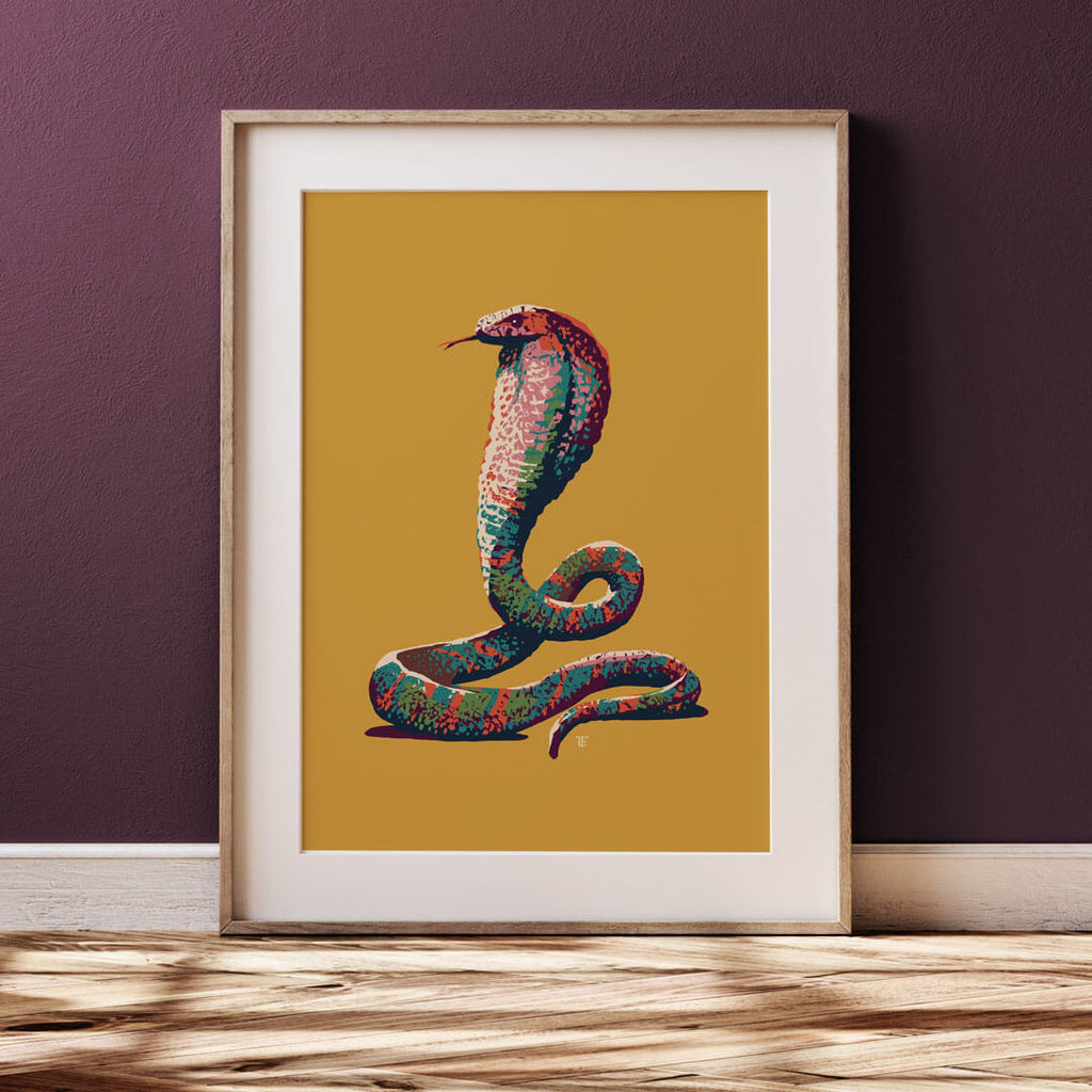 modern king cobra art print in yellow and bright colors