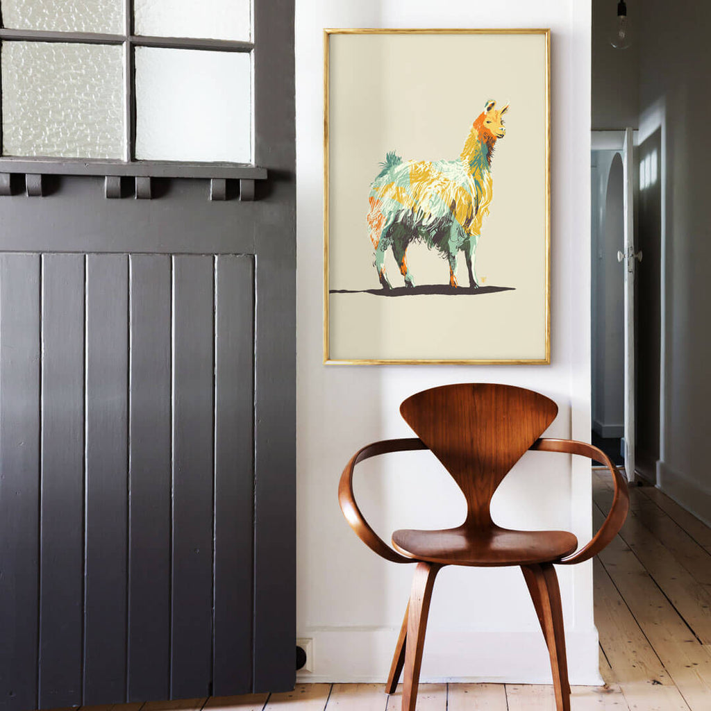 modern llama art print in funky colors in cool house
