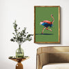 modern ostrich art print in bright green, blue, and red