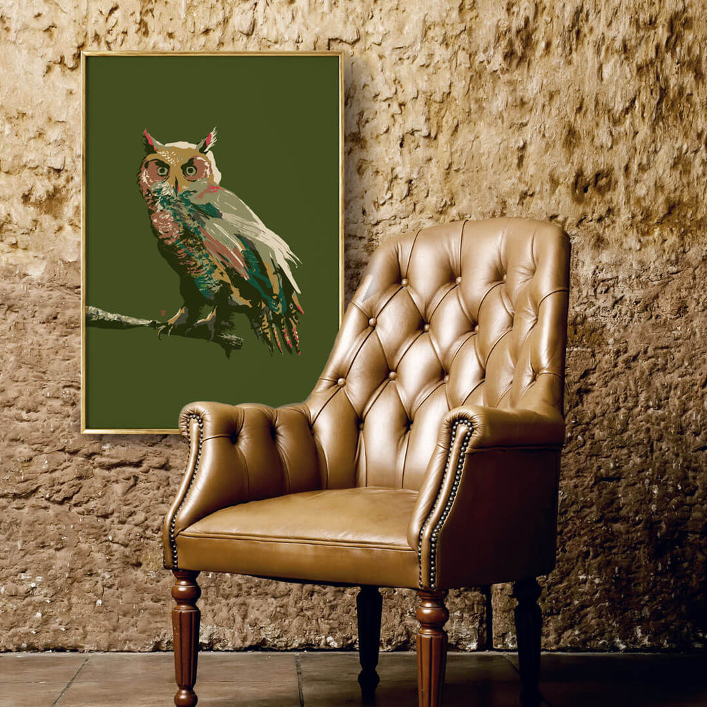 stylish owl art print in elegant rustic home