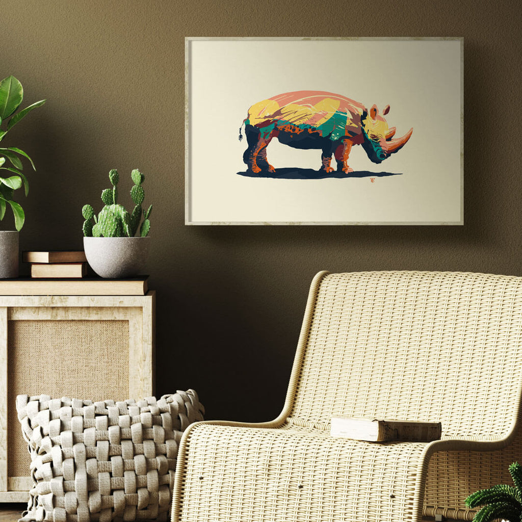 modern rhinoceros art print in bold, funky colors