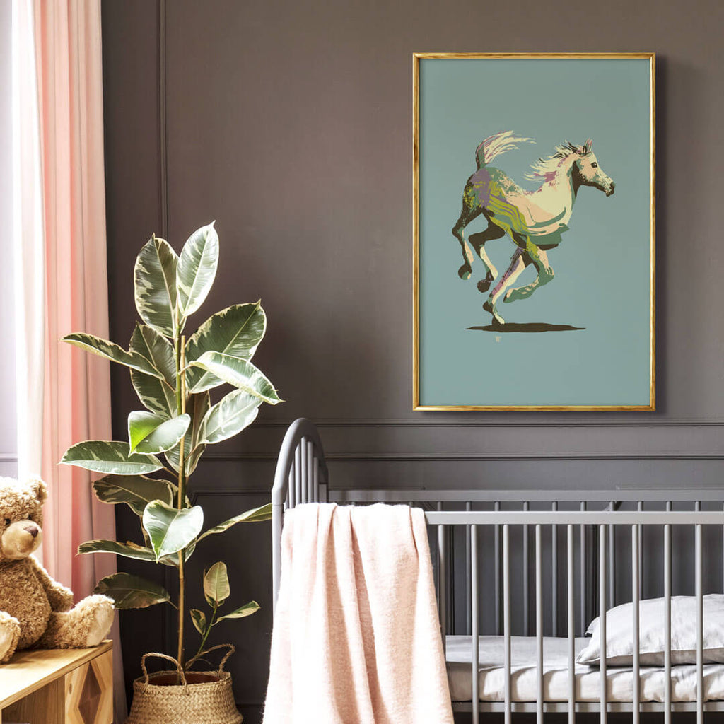 modern horse art print in gender-neutral nursery