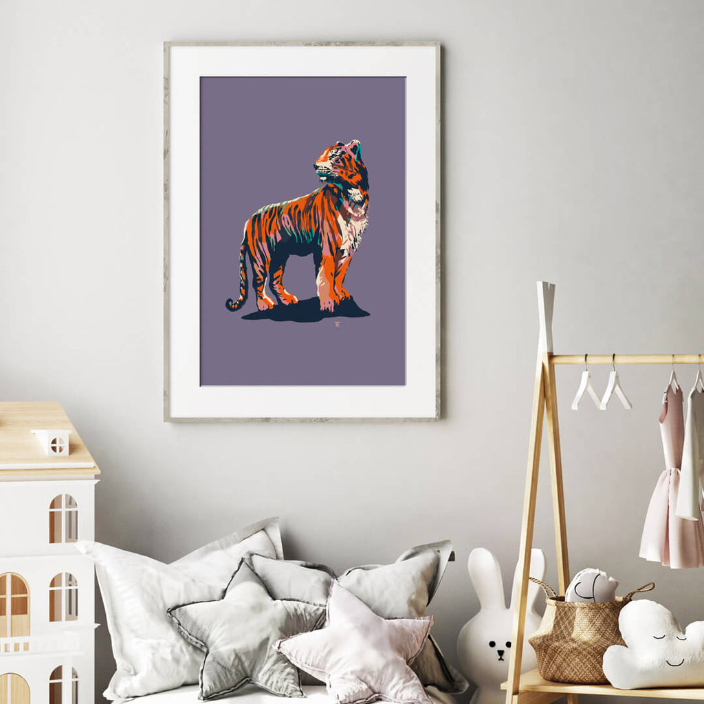 modern chinoiserie tiger art print in purple and orange