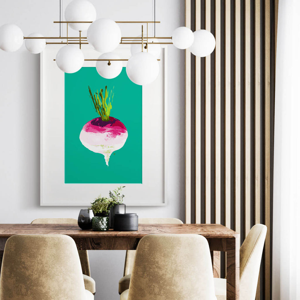 colorful modern turnip painting in stylish dining room