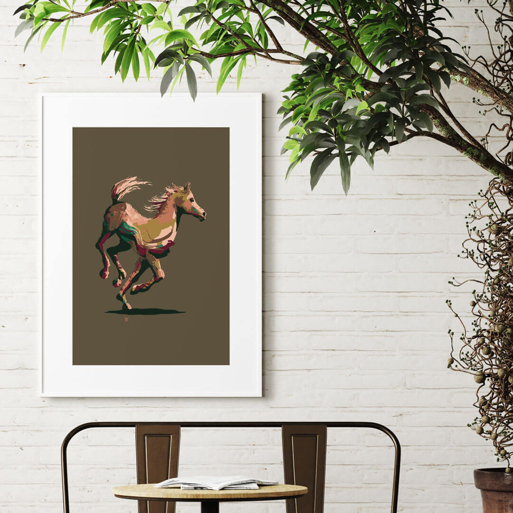 stylish wild horse art print in sunroom