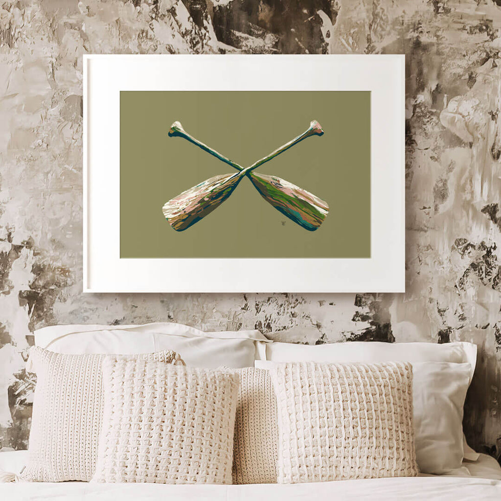 crossed paddles art print in stylish lake house