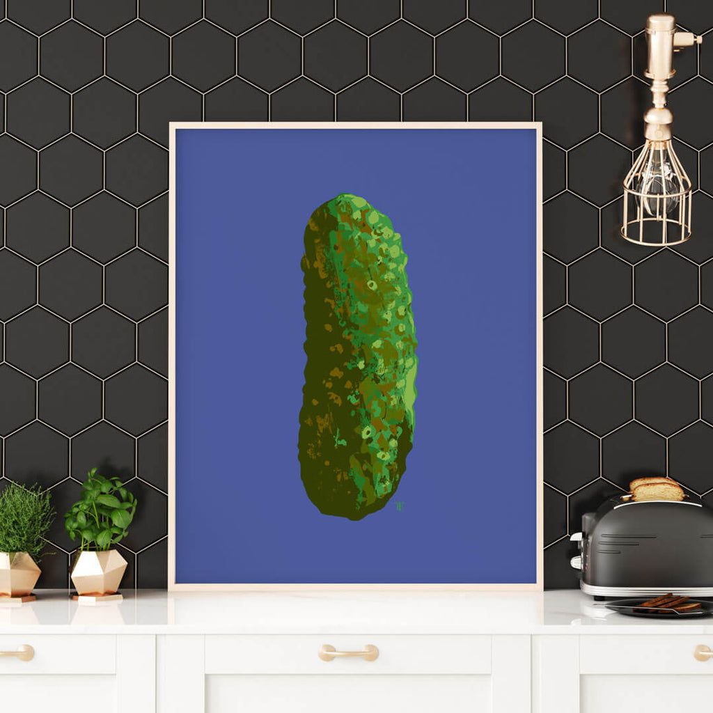 kitschy pickle art print painting in green and blue