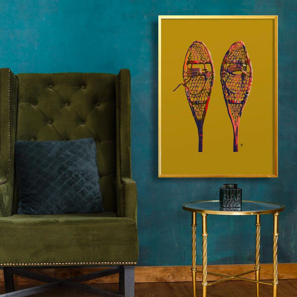 retro snowshoes art print in bold color