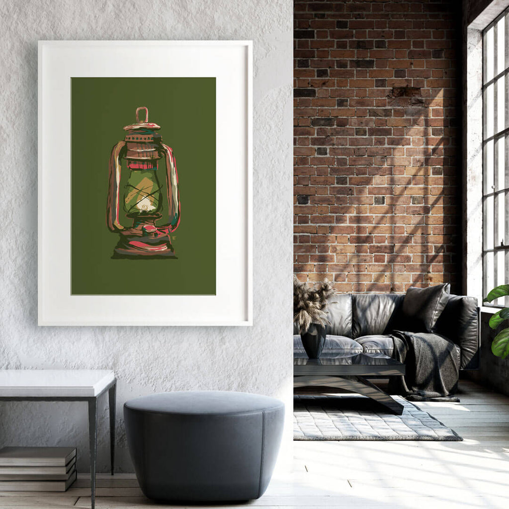 old lantern art print in designer colors in masculine home