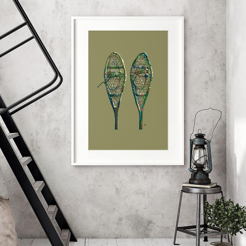 snow shoes painting in modern ski chalet