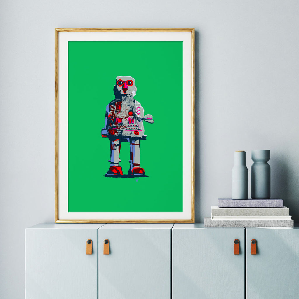 art print of toy robot in stylish kid's room