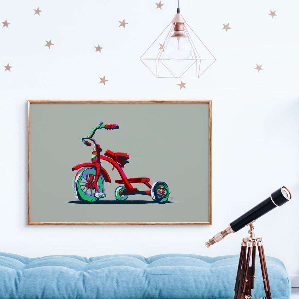 stylish tricycle art print in cool boys room