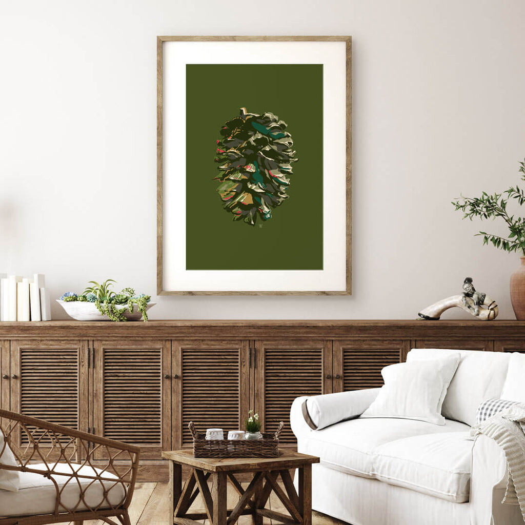 bold pine cone painting in mountain house