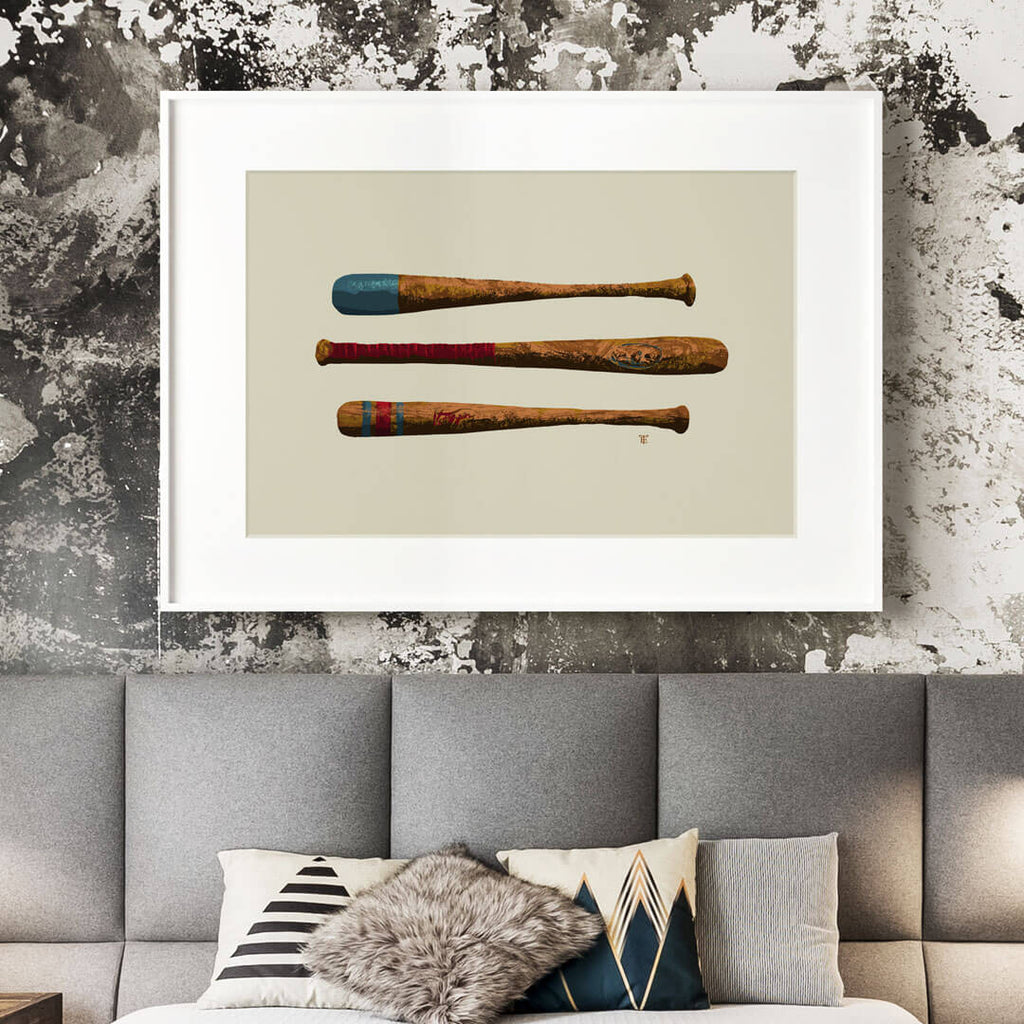 wooden baseball bat art print in teen boy's room
