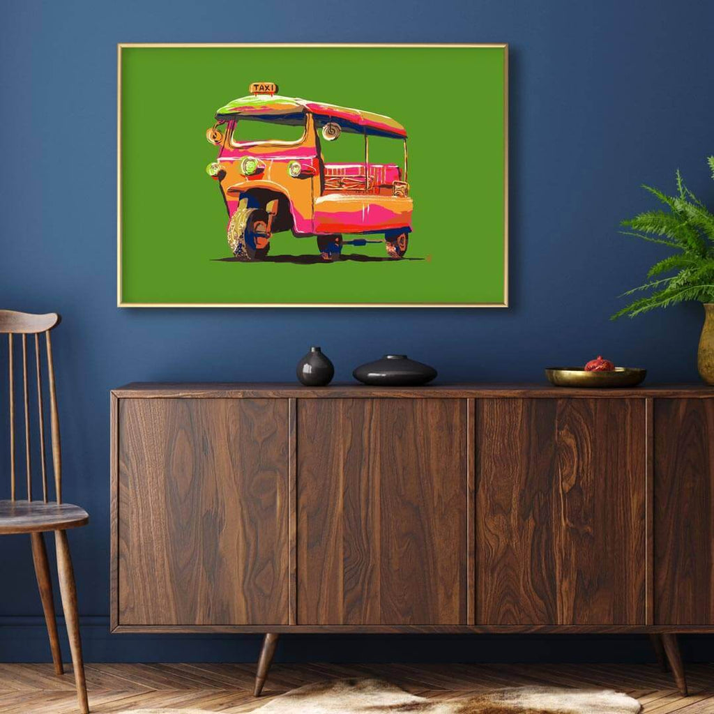 tuk-tuk art print poster of colorful line drawing on green background