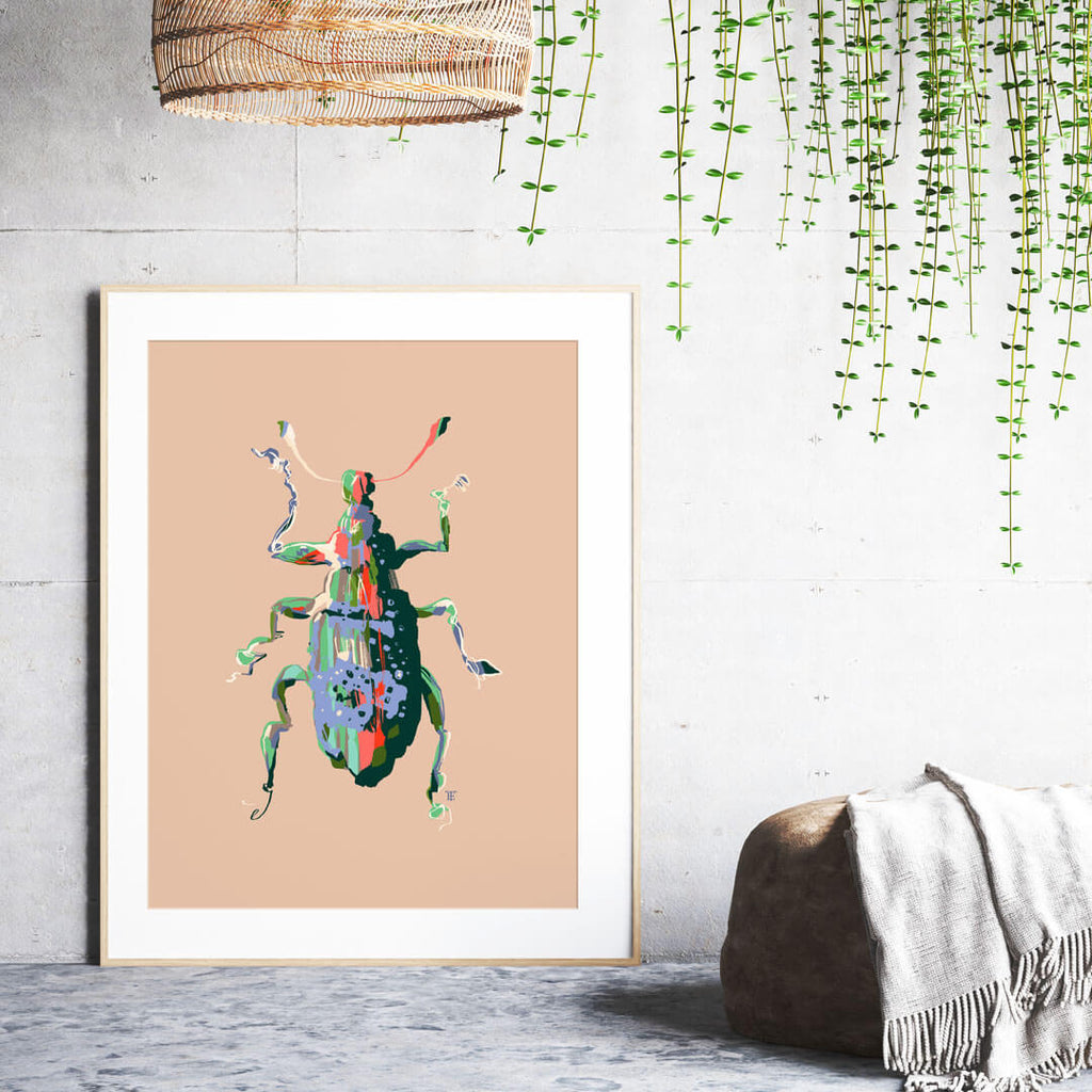 colorful beetle art print in modern home