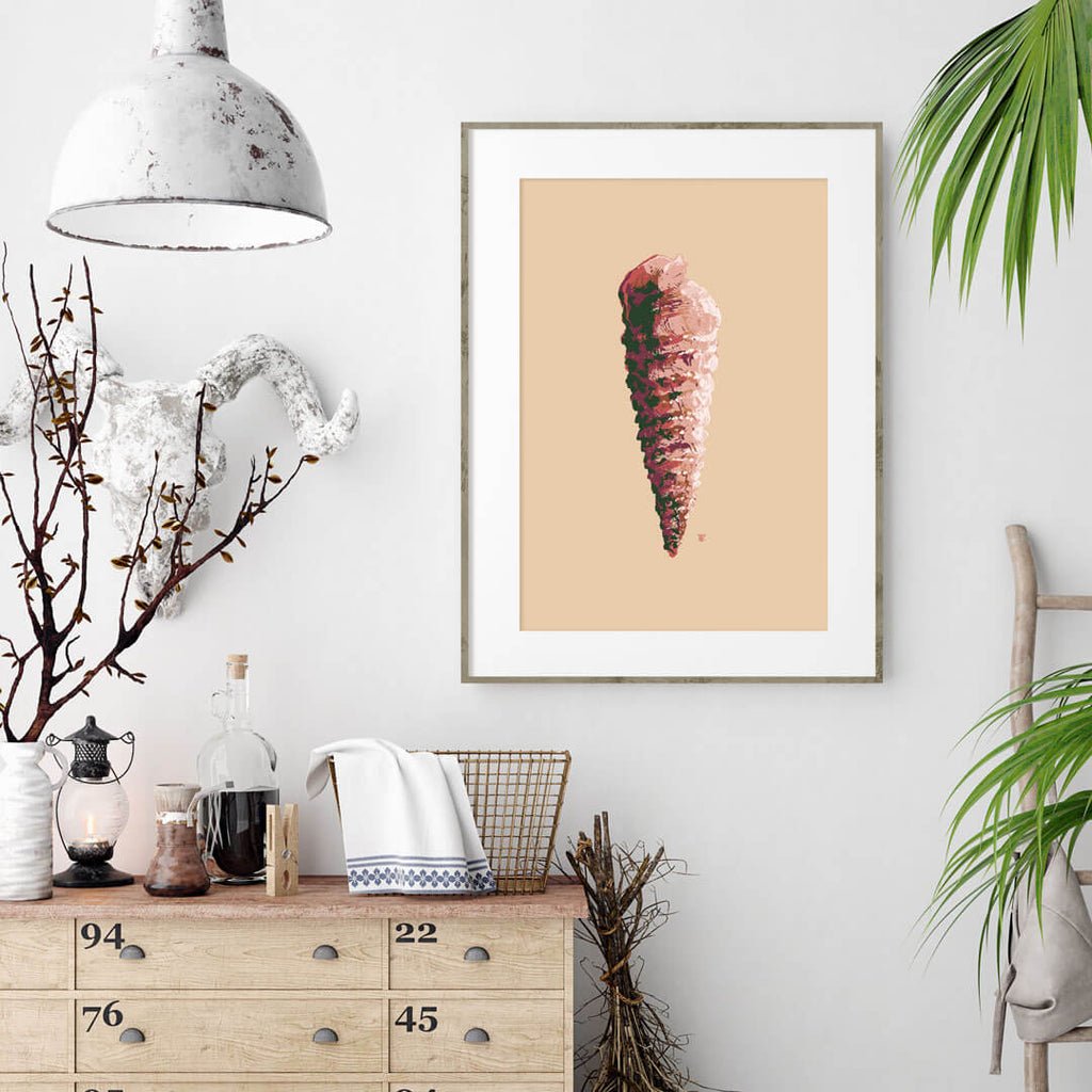 Modern coastal auger shell art print in reds, pinks, and beige